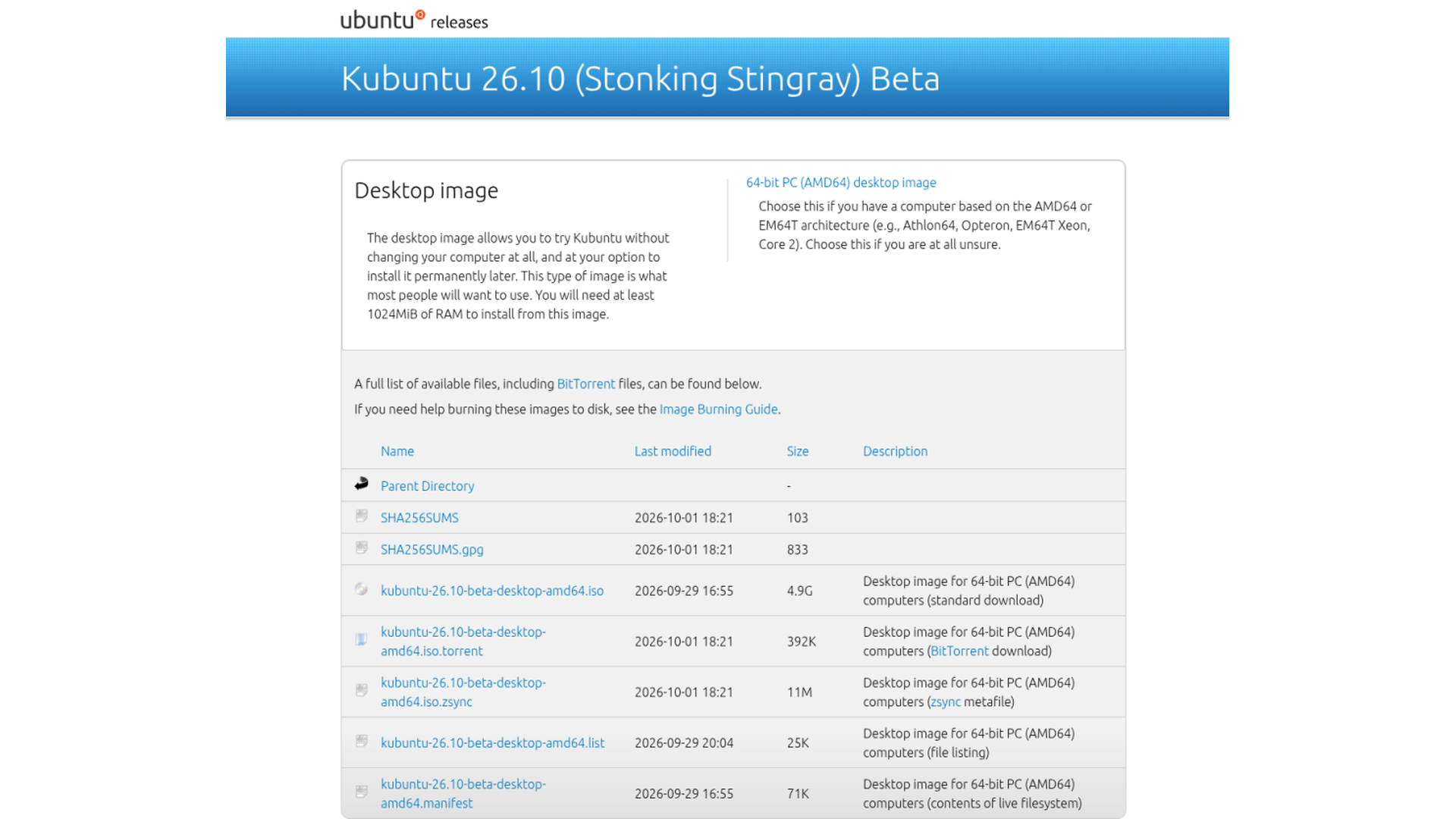 Kubuntu 26.10 beta directory on cdimage